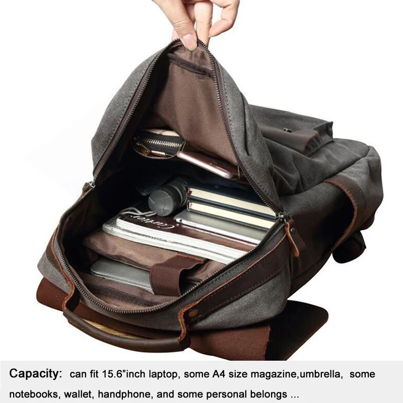 Fashion Genuine Leather + Military Canvas Backpack Men Backpack Women Bagpack teenager school Bag Male large Trave Rucksack - Image 6