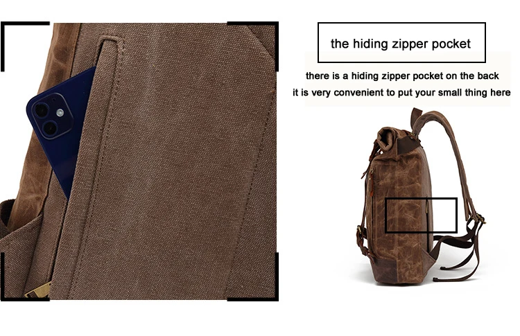 Vintage Genuine Leather +Waterproof Waxed Canvas Backpack Men Rucksack Travel Bagpack large Teenager School Bag male knapsack - Image 4