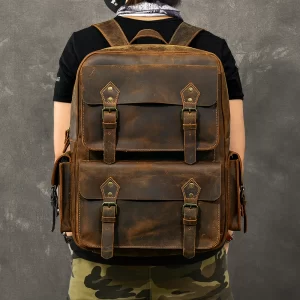 Retro Original Crazy Horse Genuine Leather Backpack Men Large Capacity Bagpack 17"Laptop Backpack Male Travel Rucksack Mochila