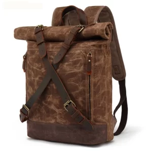 Vintage Genuine Leather +Waterproof Waxed Canvas Backpack Men Rucksack Travel Bagpack large Teenager School Bag male knapsack