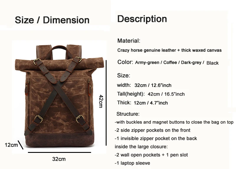 Vintage Genuine Leather +Waterproof Waxed Canvas Backpack Men Rucksack Travel Bagpack large Teenager School Bag male knapsack - Image 2