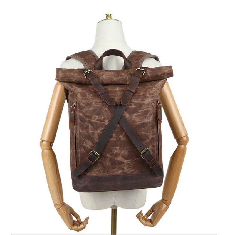 Vintage Genuine Leather +Waterproof Waxed Canvas Backpack Men Rucksack Travel Bagpack large Teenager School Bag male knapsack - Image 6