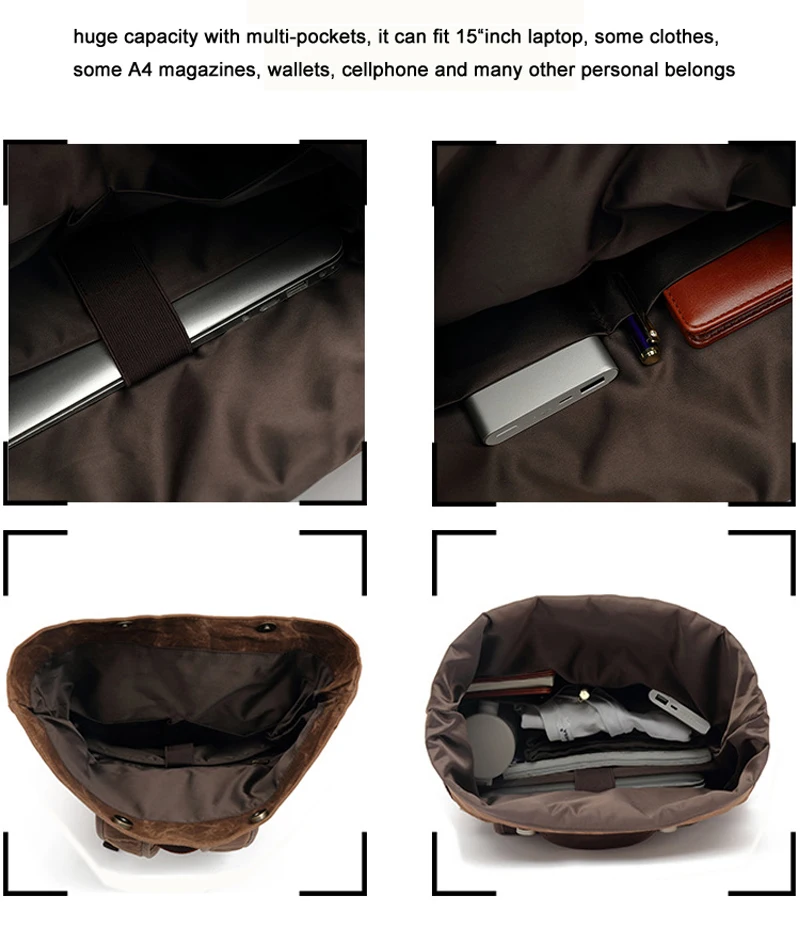 Vintage Genuine Leather +Waterproof Waxed Canvas Backpack Men Rucksack Travel Bagpack large Teenager School Bag male knapsack - Image 5