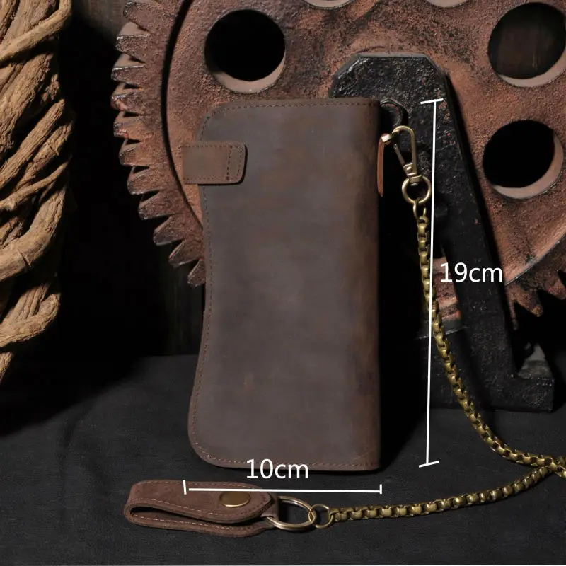 Vintage Crazy horse Genuine Leather Wallet Men Purse Leather Long Wallet Clutch Bag Male Coin bag Money Clips with Chain - Image 2