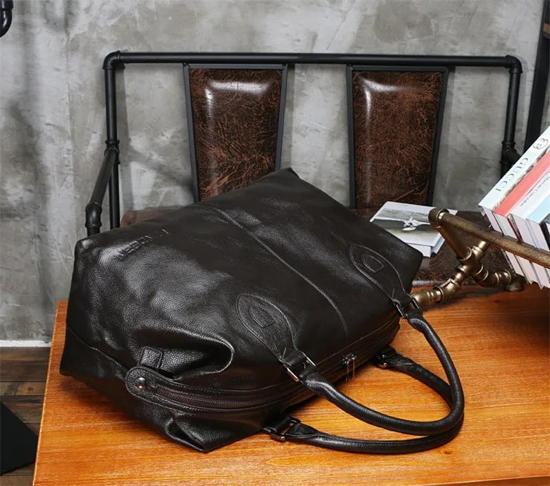 Fashion Genuine Leather Travel Bag Men's Luggage Bags Large Male Duffle Bag weekend Women Shoulder Bag Big Tote Handbag Black - Image 5
