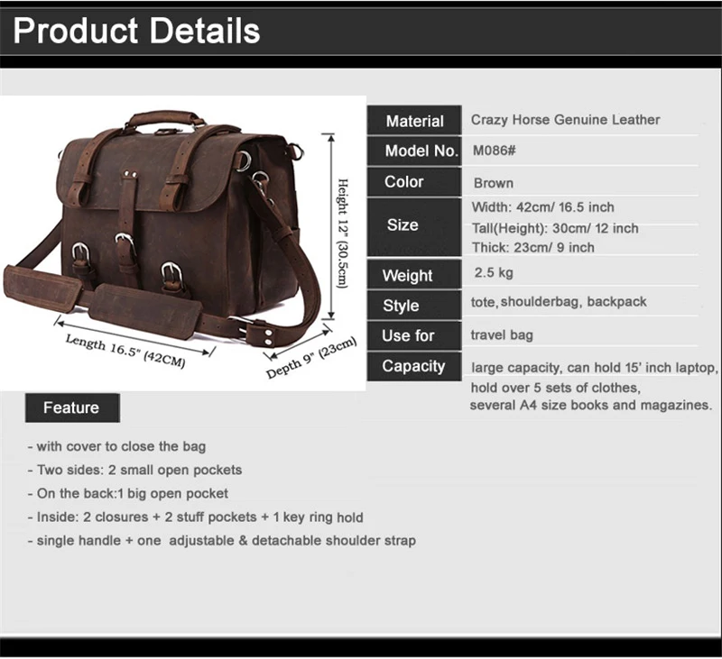 Vintage Crazy Horse Genuine Leather Men Briefcase Business Bag Large Leather Briefcase Male 15.6"Laptop Case Shoulder Bag office - Image 3