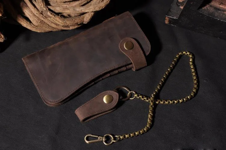 Vintage Crazy horse Genuine Leather Wallet Men Purse Leather Long Wallet Clutch Bag Male Coin bag Money Clips with Chain - Image 3