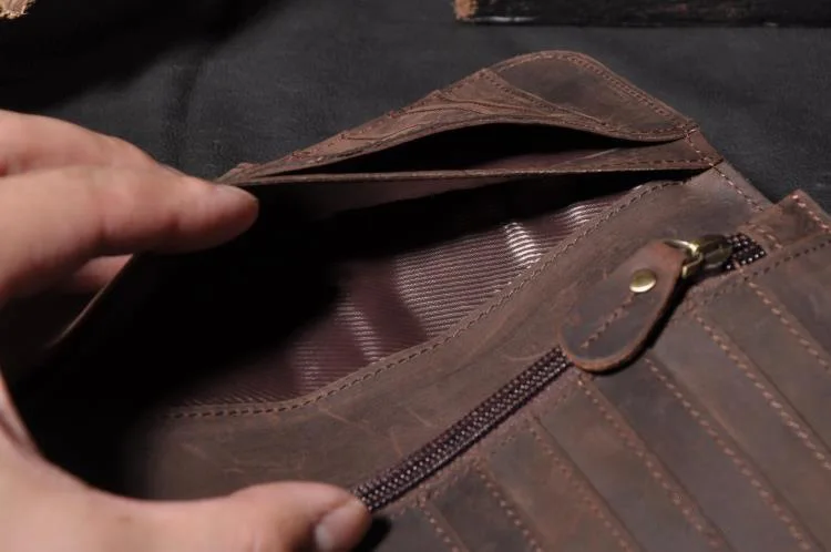 Vintage Crazy horse Genuine Leather Wallet Men Purse Leather Long Wallet Clutch Bag Male Coin bag Money Clips with Chain - Image 5