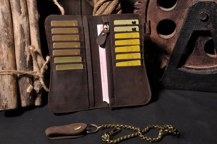 Vintage Crazy horse Genuine Leather Wallet Men Purse Leather Long Wallet Clutch Bag Male Coin bag Money Clips with Chain - Image 4