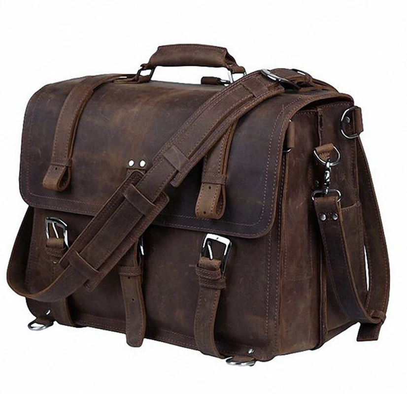 Vintage Crazy Horse Genuine Leather Men Briefcase Business Bag Large Leather Briefcase Male 15.6"Laptop Case Shoulder Bag office