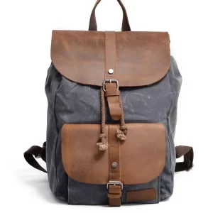 Vintage Leather + Waxed Canvas Backpack Men Laptop Bagpack Teenager School Bookbag Waterproof Large Capacity Travel Rucksack