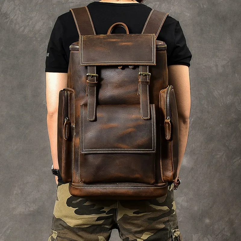 Retro Genuine Leather Men's Backpack Large Capacity 15.6"Laptop Bag School Backpack Bag Male Crazy Horse Leather Travel Bagpack - Image 4