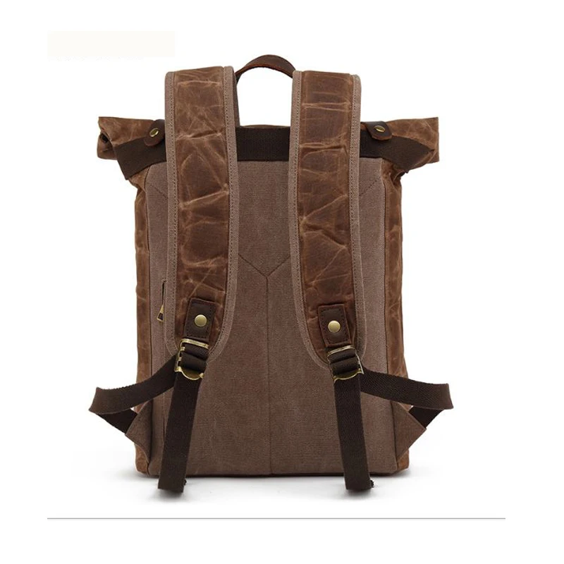 Vintage Genuine Leather +Waterproof Waxed Canvas Backpack Men Rucksack Travel Bagpack large Teenager School Bag male knapsack - Image 3