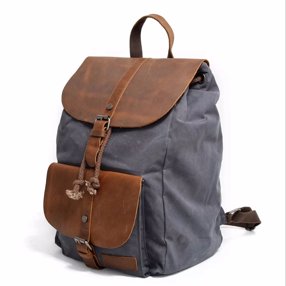 Vintage Leather + Waxed Canvas Backpack Men Laptop Bagpack Teenager School Bookbag Waterproof Large Capacity Travel Rucksack - Image 4