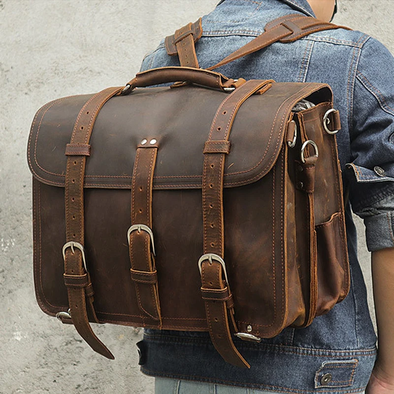 Vintage Crazy Horse Genuine Leather Backpack Men Bagpack Shoulder Messenger Bag Men Overnight Rucksack Tote Luggage Travel Bag