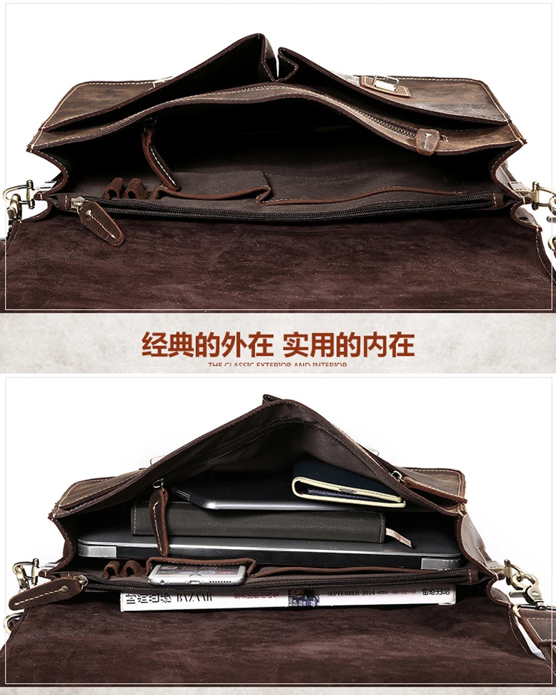Vintage Crazy horse Genuine Leather men Briefcase Business bag Men Leather Office Bag laptop Bag male Tote Handbag Shoulder bag - Image 5