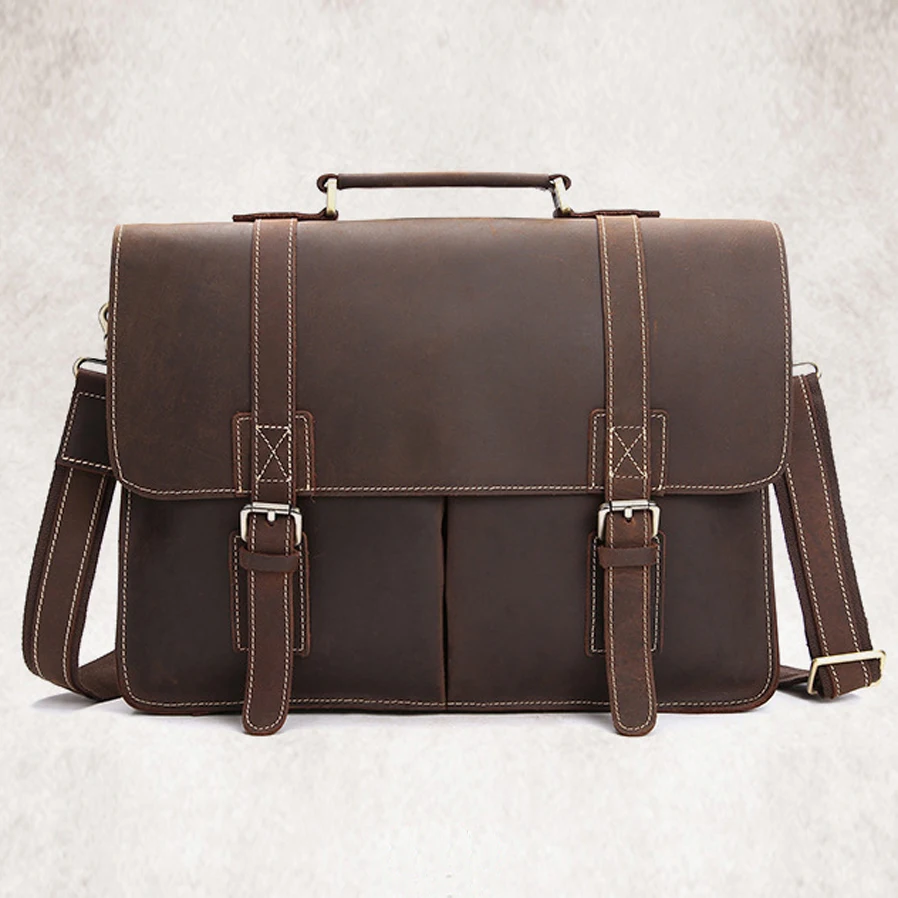 Vintage Crazy horse Genuine Leather men Briefcase Business bag Men Leather Office Bag laptop Bag male Tote Handbag Shoulder bag - Image 2