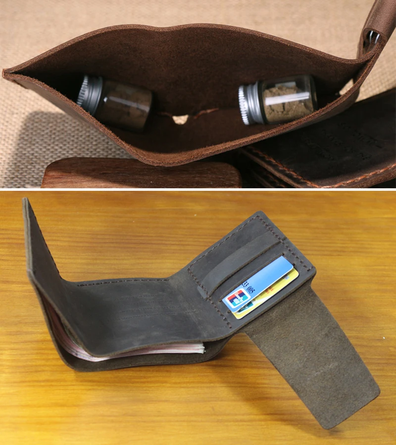 Secret of Walter Mitty Handmade Genuine Leather Wallet Men Trifold Wallet Purse Crazy Horse Leather Short Money Clips Money Bag - Image 5