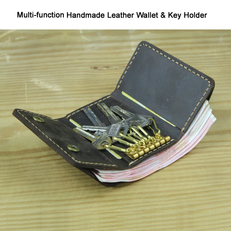 Multi-function Handmade Vintage Genuine Leather Wallet Men Key holder Pouch Key Wallet Men Purse Key Organizer Trifold Money bag