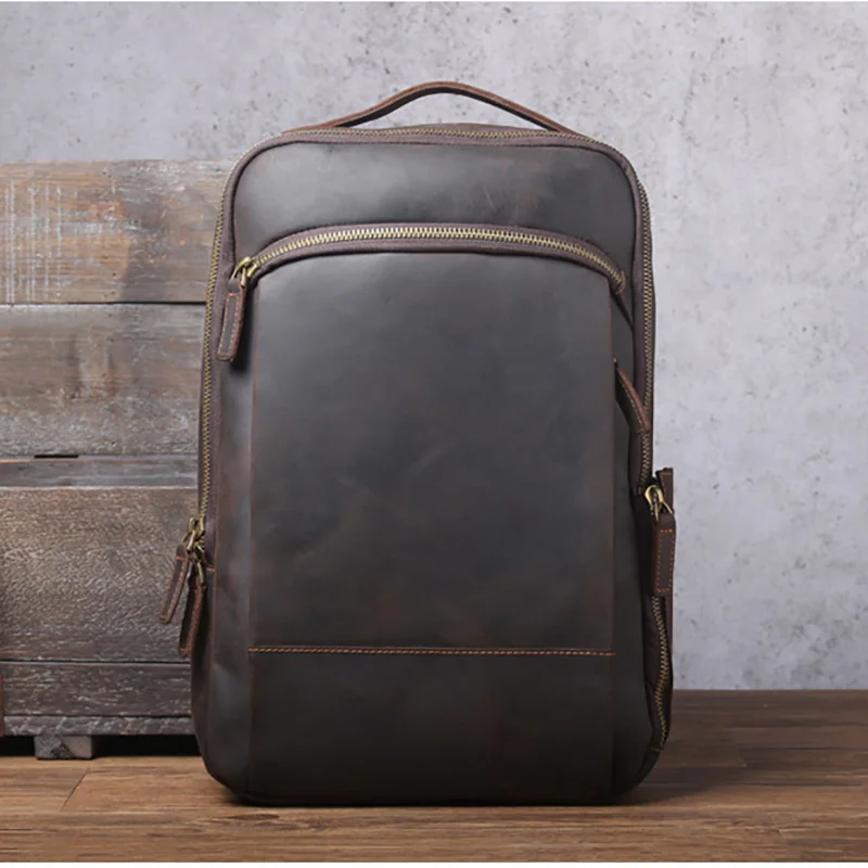 Vintage Crazy Horse Genuine Leather Backpack For Men Mochila Hiking Bagpack Male Traving Rucksack 15.6"Laptop Backpack Bag Large