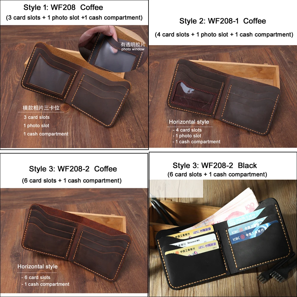 Handmade Vintage Crazy Horse Genuine Leather Wallet men Bifold Purse Leather Card Wallet male Money Clips Short Money Bag Holder - Image 4