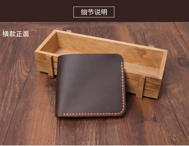 Handmade Vintage Crazy Horse Genuine Leather Wallet men Bifold Purse Leather Card Wallet male Money Clips Short Money Bag Holder - Image 2