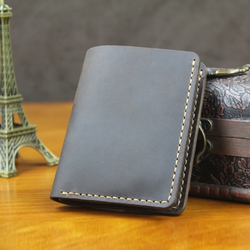 Handmade Vintage Crazy horse Genuine Leather Wallet Men Purse Leather Money Clips Short Male Money bag with Coin Pocket Vertical - Image 2