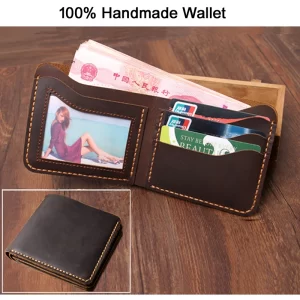 Handmade Vintage Crazy Horse Genuine Leather Wallet men Bifold Purse Leather Card Wallet male Money Clips Short Money Bag Holder