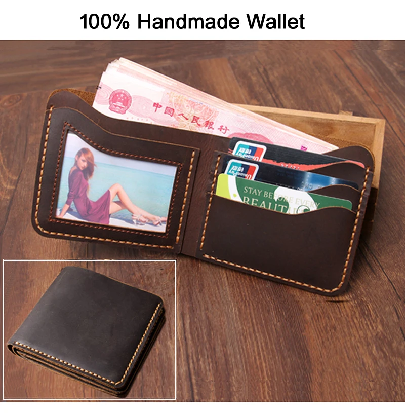 Handmade Vintage Crazy Horse Genuine Leather Wallet men Bifold Purse Leather Card Wallet male Money Clips Short Money Bag Holder
