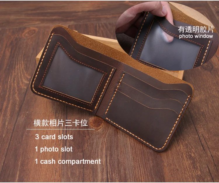 Handmade Vintage Crazy Horse Genuine Leather Wallet men Bifold Purse Leather Card Wallet male Money Clips Short Money Bag Holder - Image 5